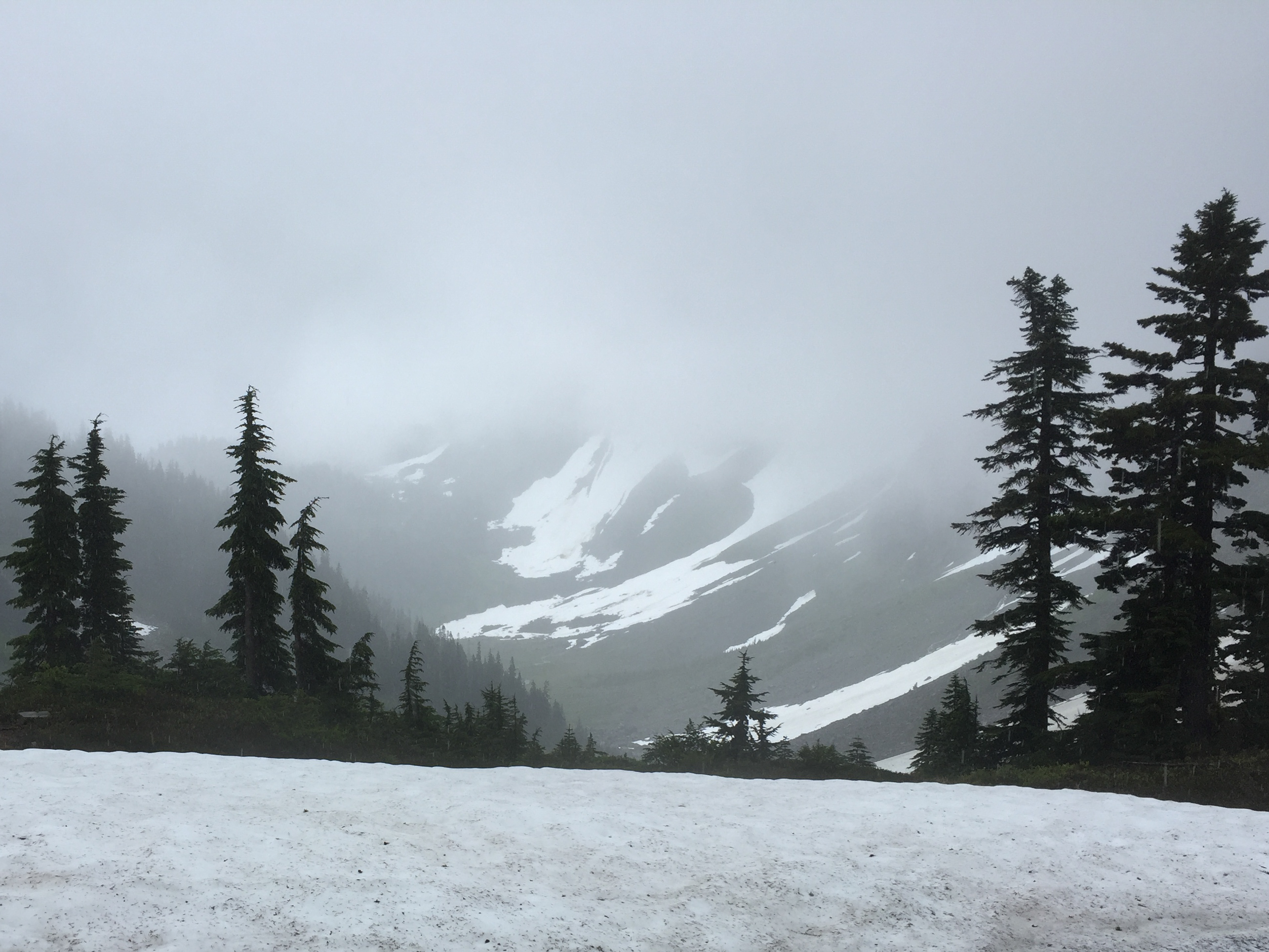 Moody evening view from camp with clouds and fog rolling in across the snow-covered Cascade peaks and firs