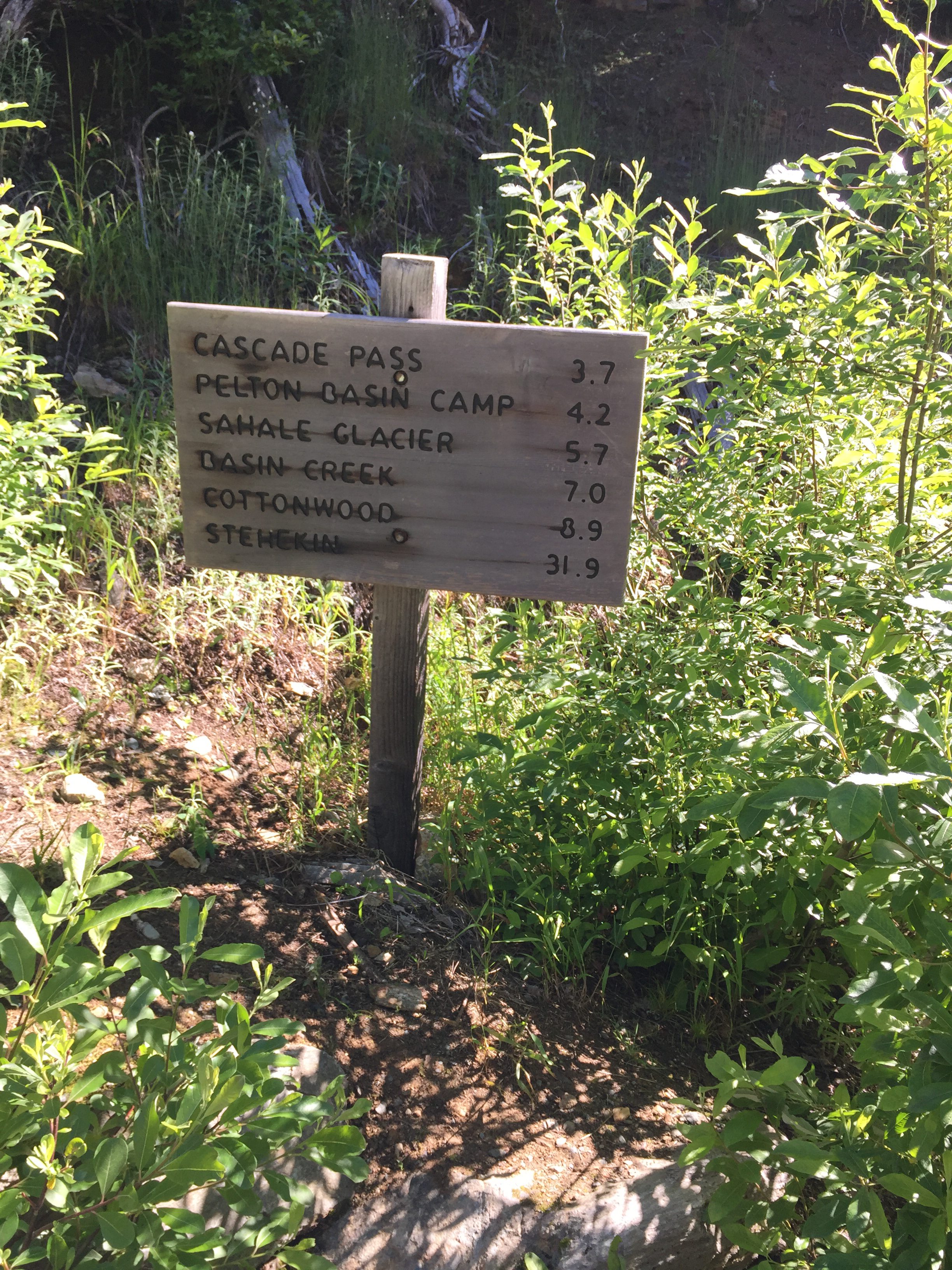 Wooden trail sign showing distances: Cascade Pass 3.7 mi, Pelton Basin 4.2 mi, Sahale Glacier 5.7 mi, Stehekin 31.9 mi