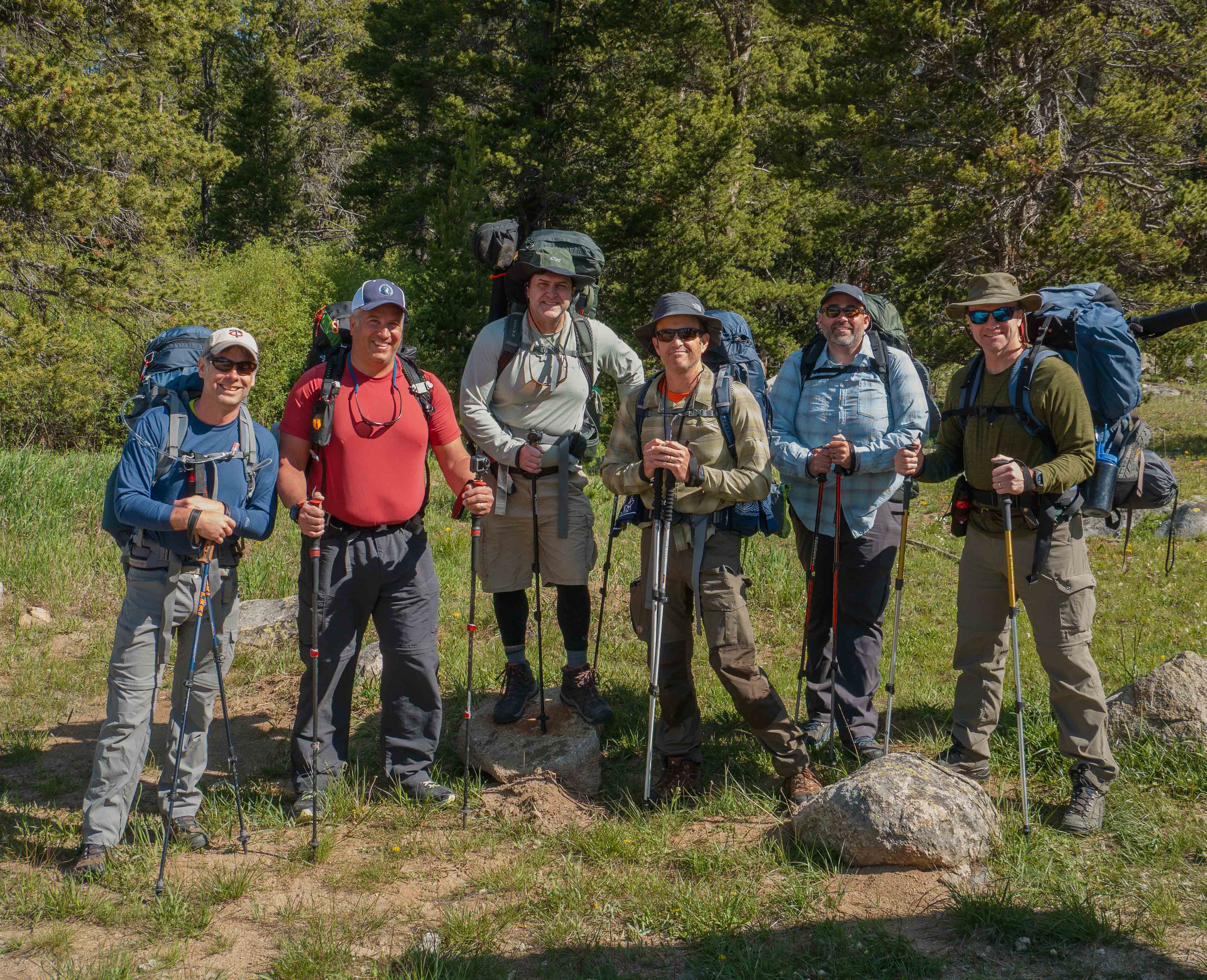 Six hikers geared up at the Big Sandy trailhead